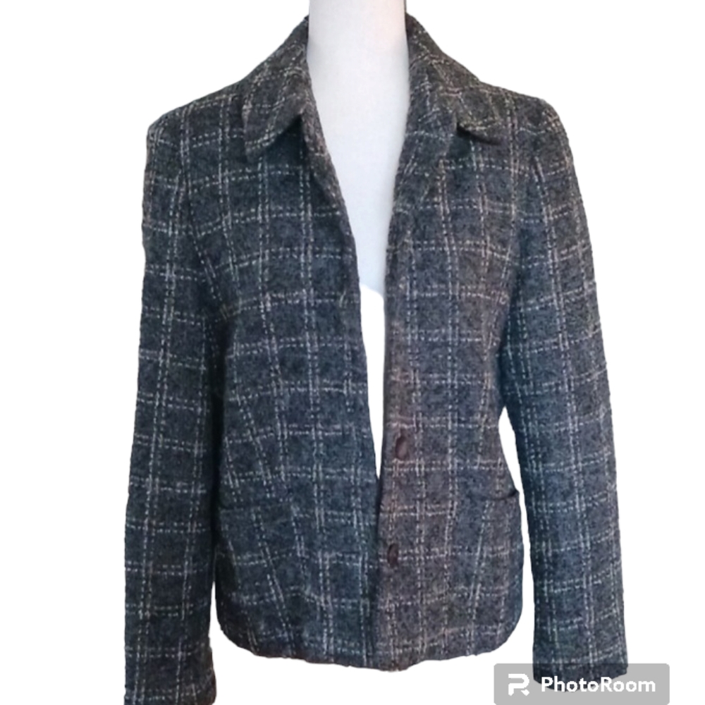 Andrea Viccaro vintage plaid blazer jacket coat collar gray grey tan lined sz 12